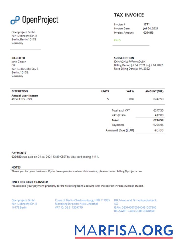 Downloadable Germany OpenProject leading open source project management software invoice example